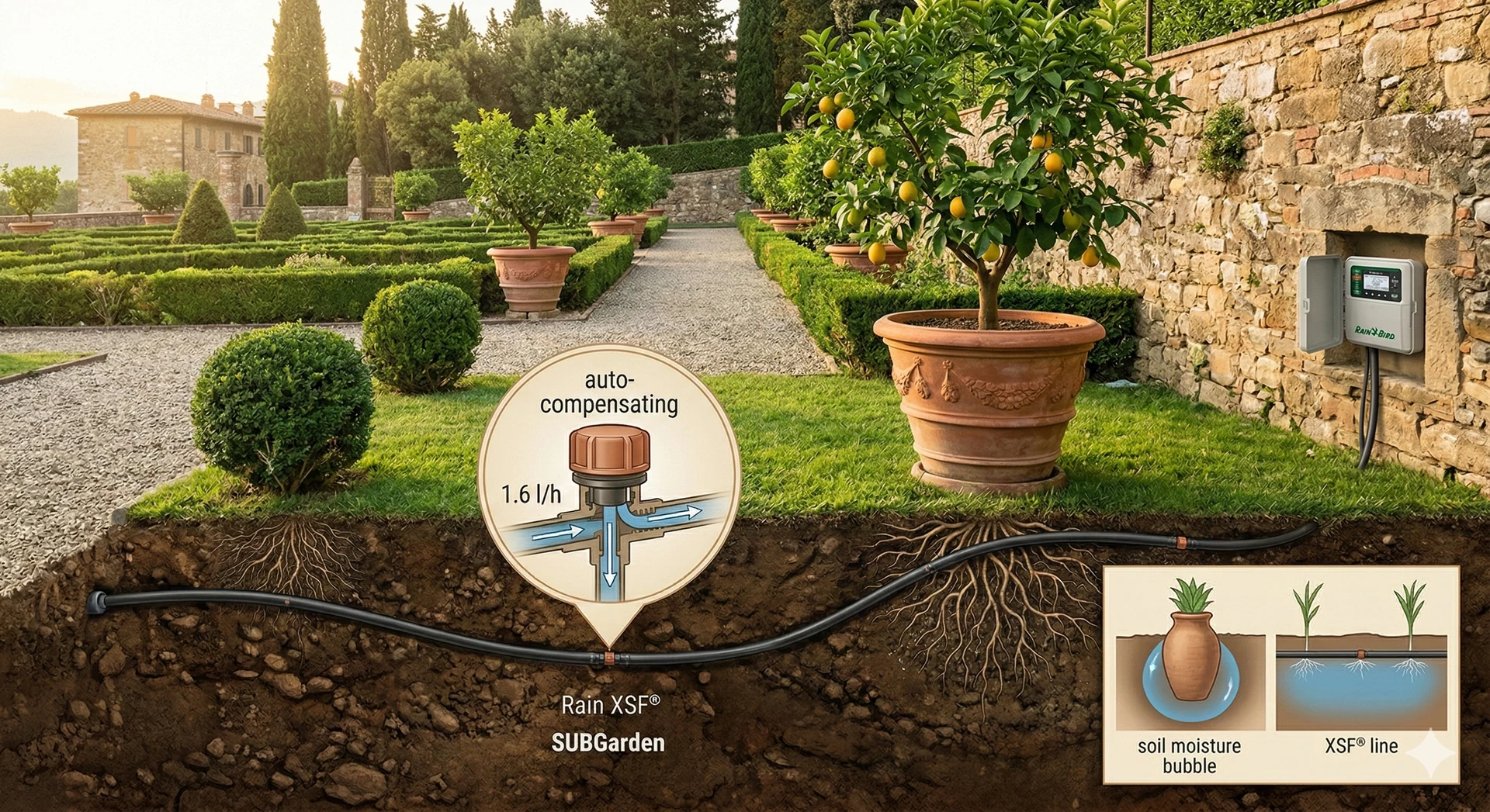 Illustrazione creata per SUBGarden: giardino all'italiana con l'ala gocciolante XFS interrata e il gocciolatore autocompensante da 1,6 l/h