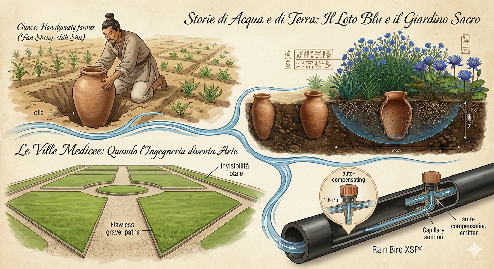 Illustrazione creata per SUBGarden: dalle ollas in terracotta e il loto blu dell'antico Egitto alle Ville Medicee, fino all'ala Rain Bird XFS