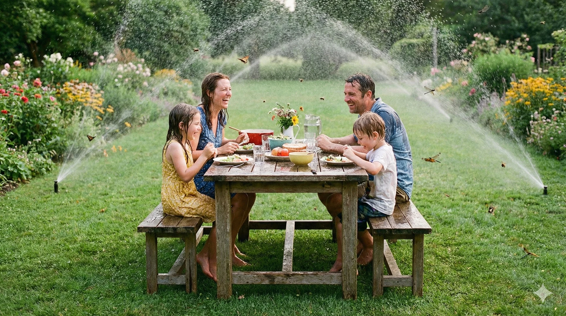 Illustrazione: famiglia a tavola in giardino con gli irrigatori a pioggia accesi e il prato bagnato